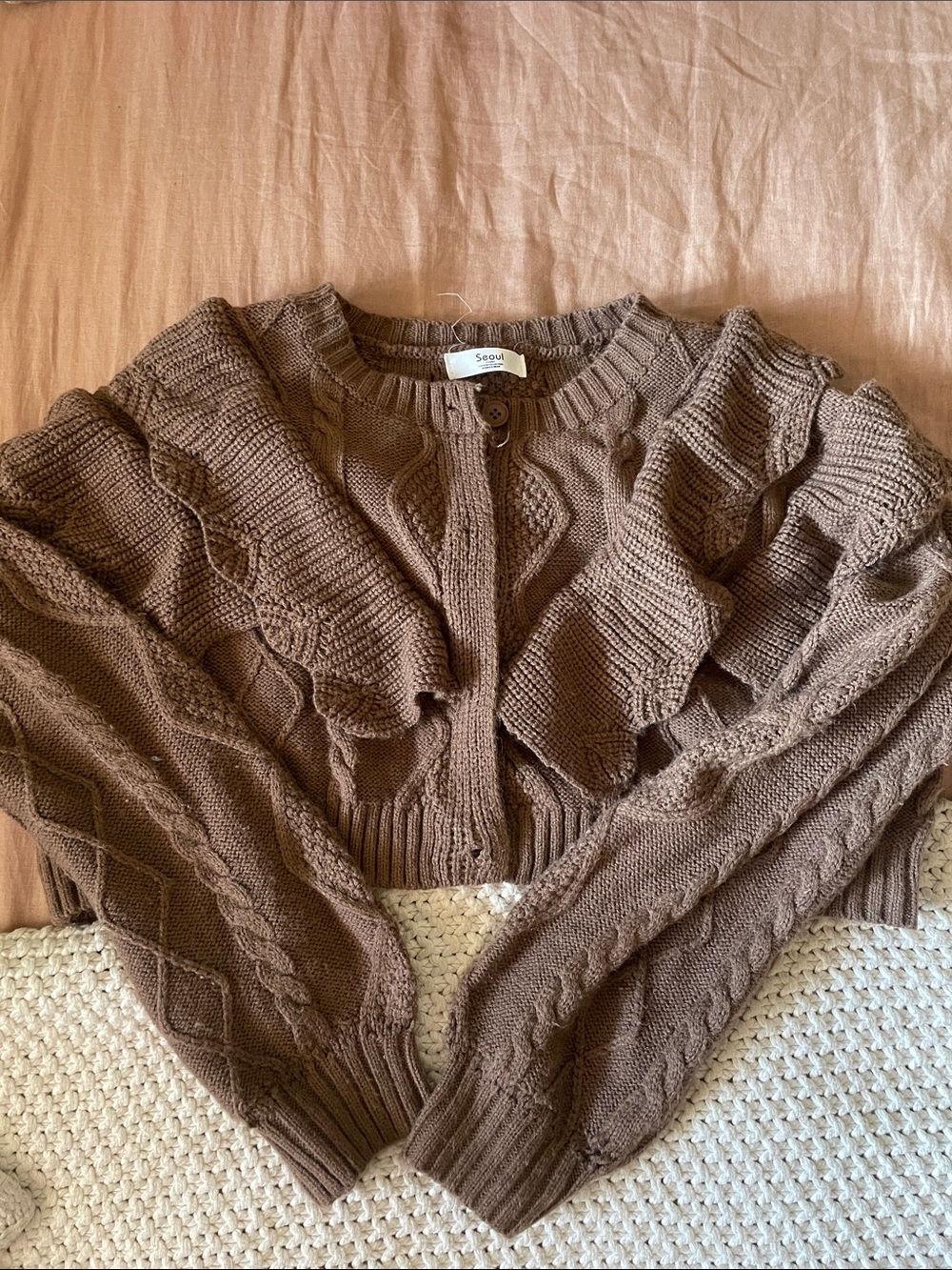 Cottagecore Ruffle Cable Knit Cropped Cardigan OS